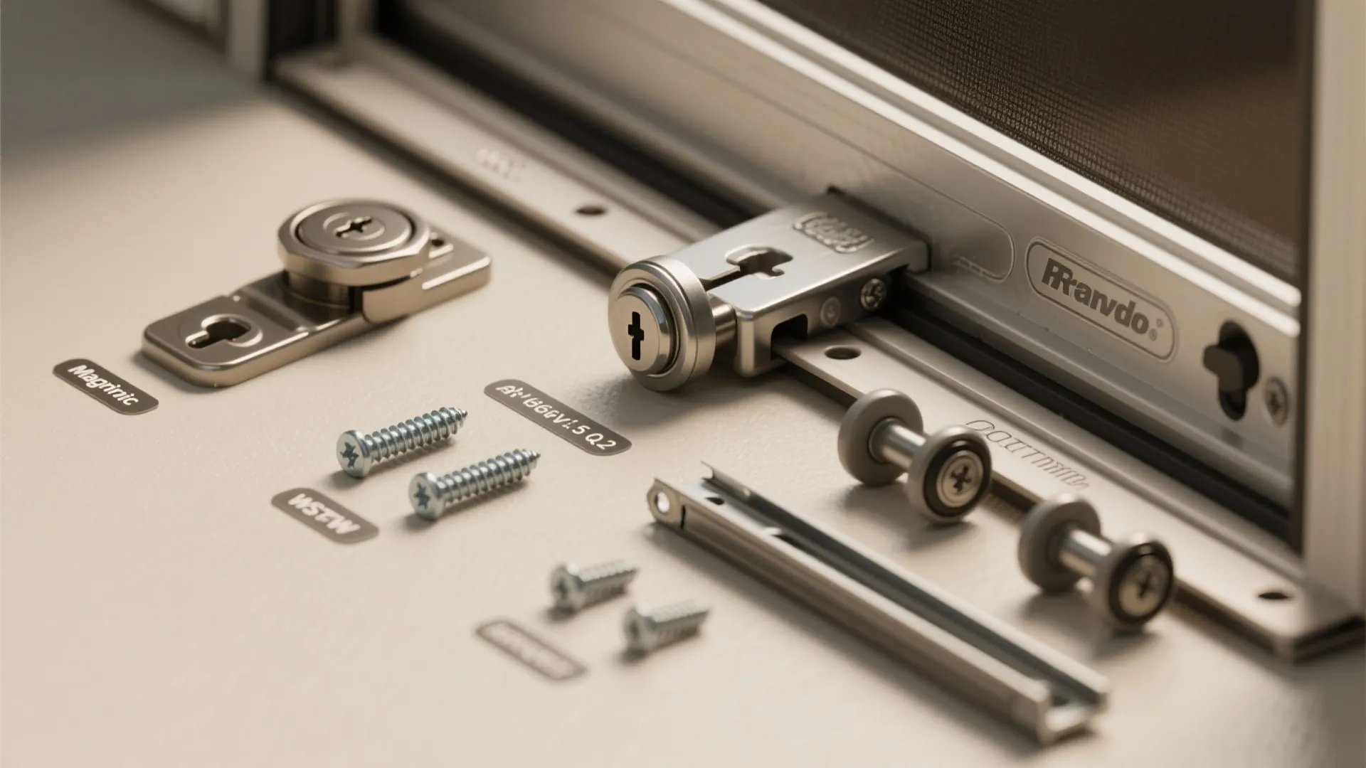 Various metal door hardware parts including locks, screws, rollers, and tracks laid out for installation