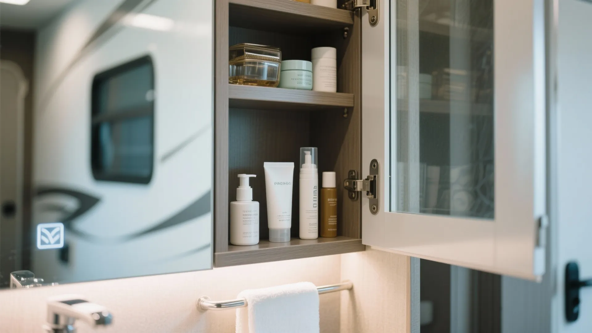 Hidden storage compartment behind bathroom mirror in RV