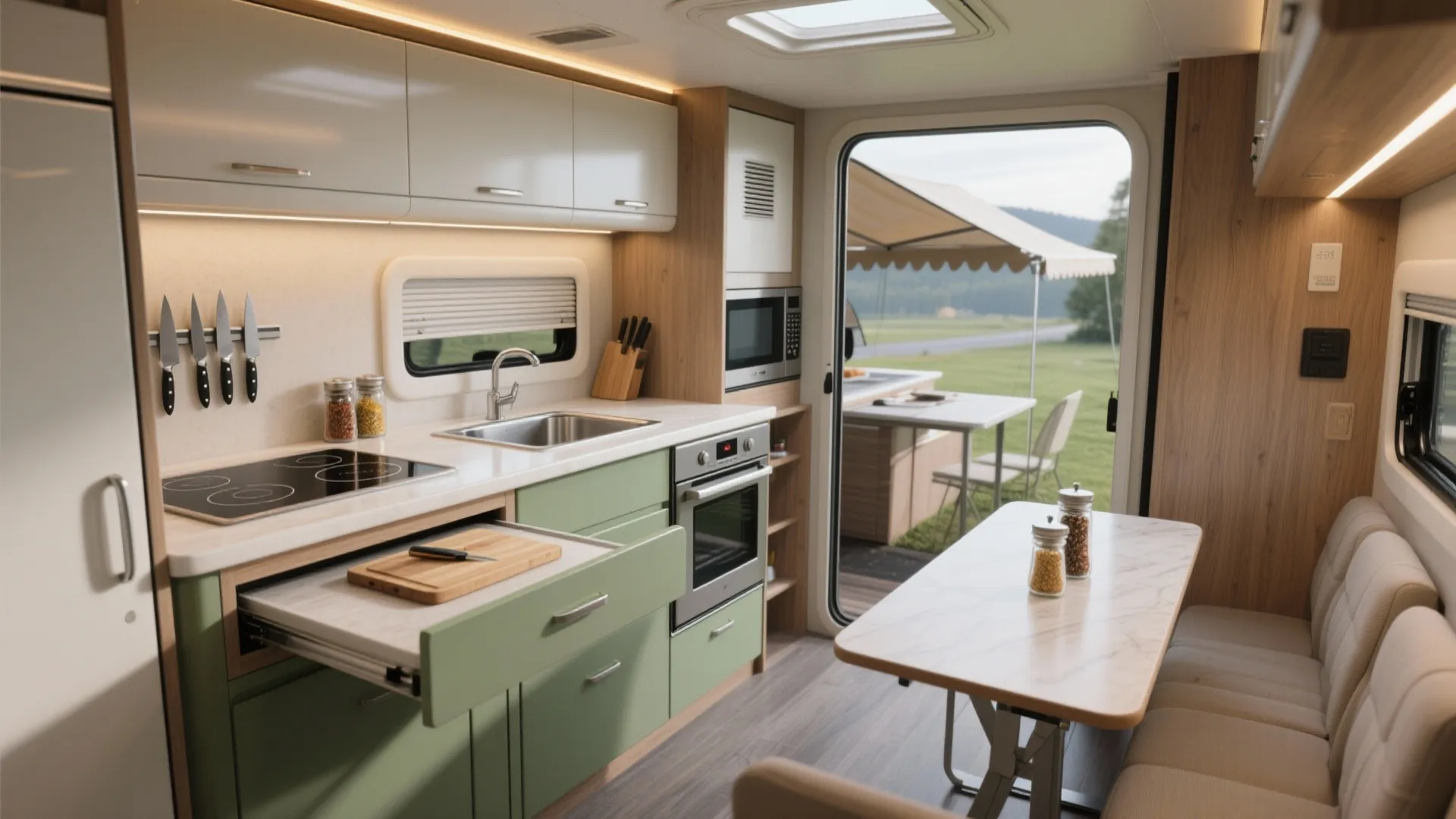 Compact caravan interior with green kitchen cabinets marble table beige sofa and open door to nature