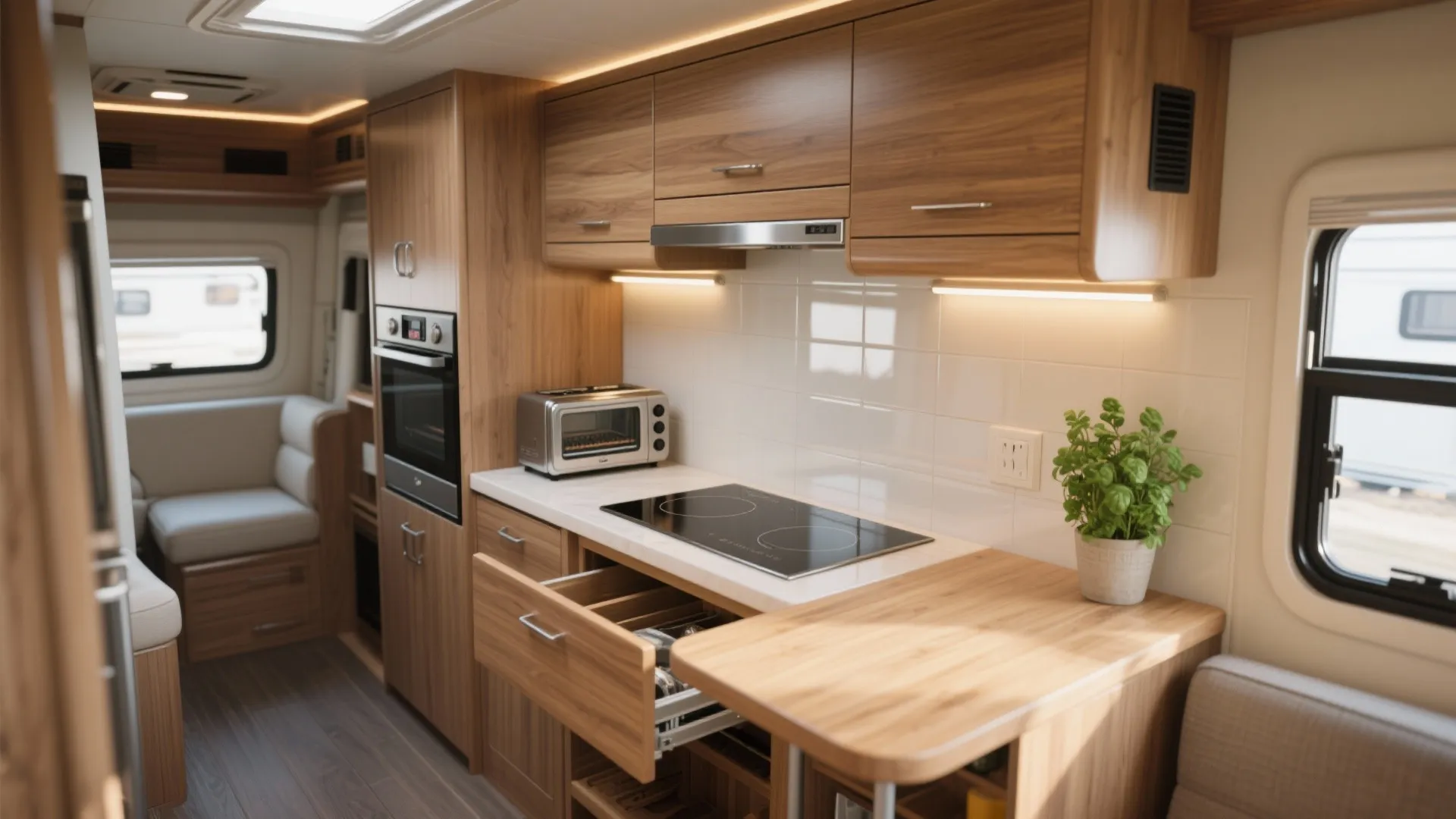 Modern wood kitchen cabinets in motorhome with open drawer electric cooktop and small green plant