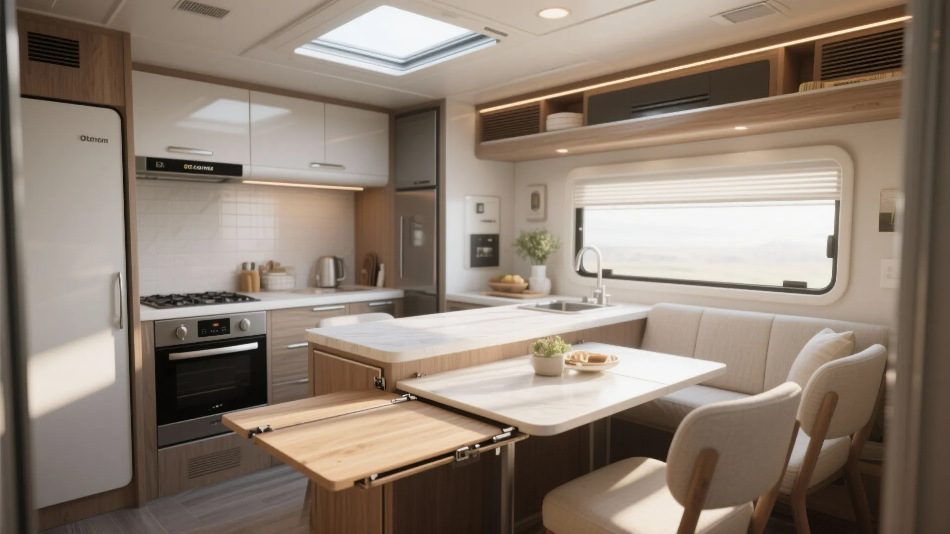 Caravan kitchen with white cabinets stove wooden foldable dining table beige chairs and a sink