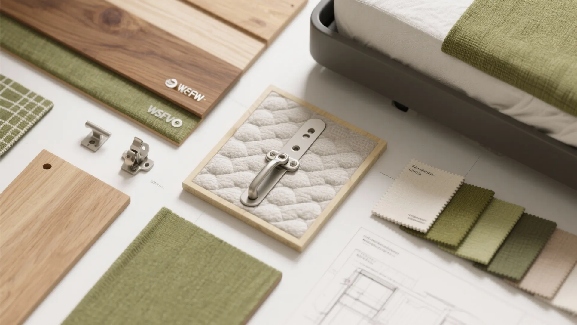 Material flatlay with wood and fabric swatches, insulation sample, and hardware for an RV remodel