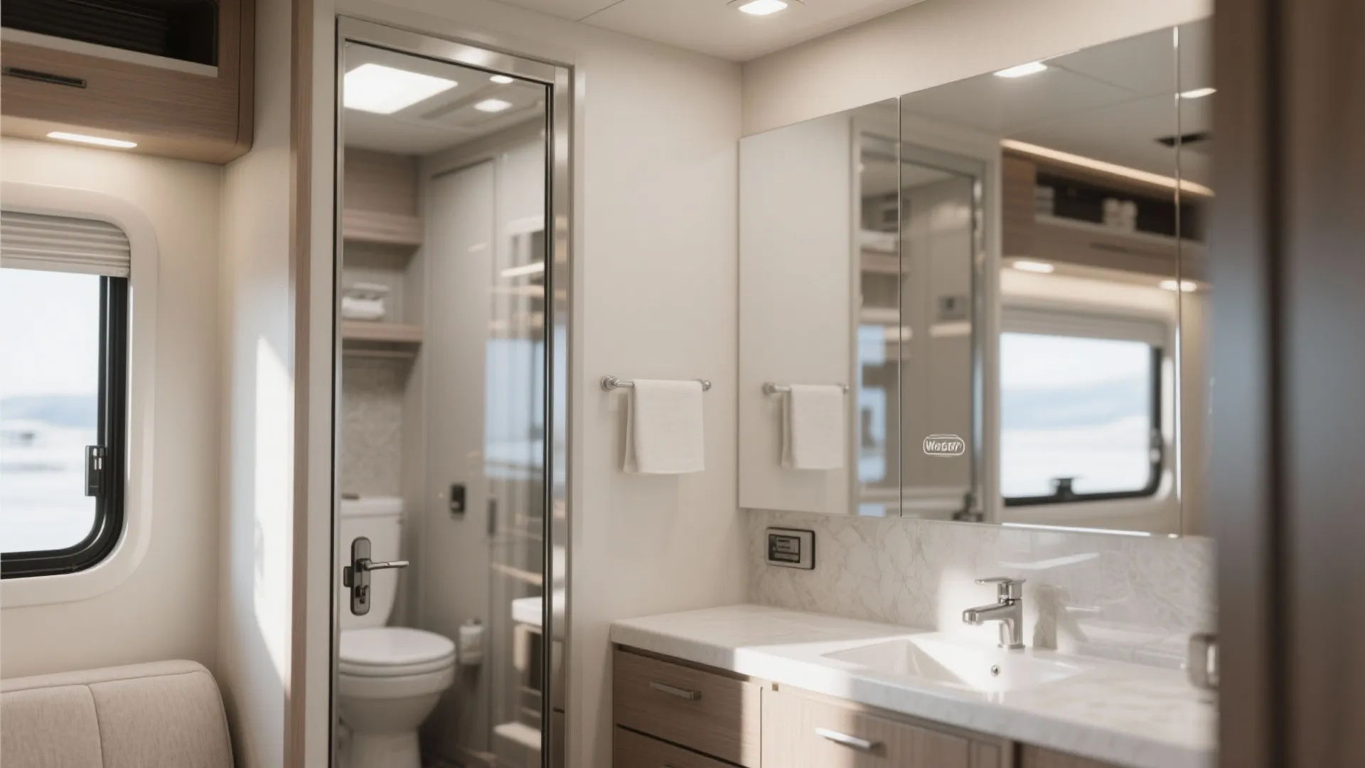Full-length mirrored RV bathroom door creating a larger feel