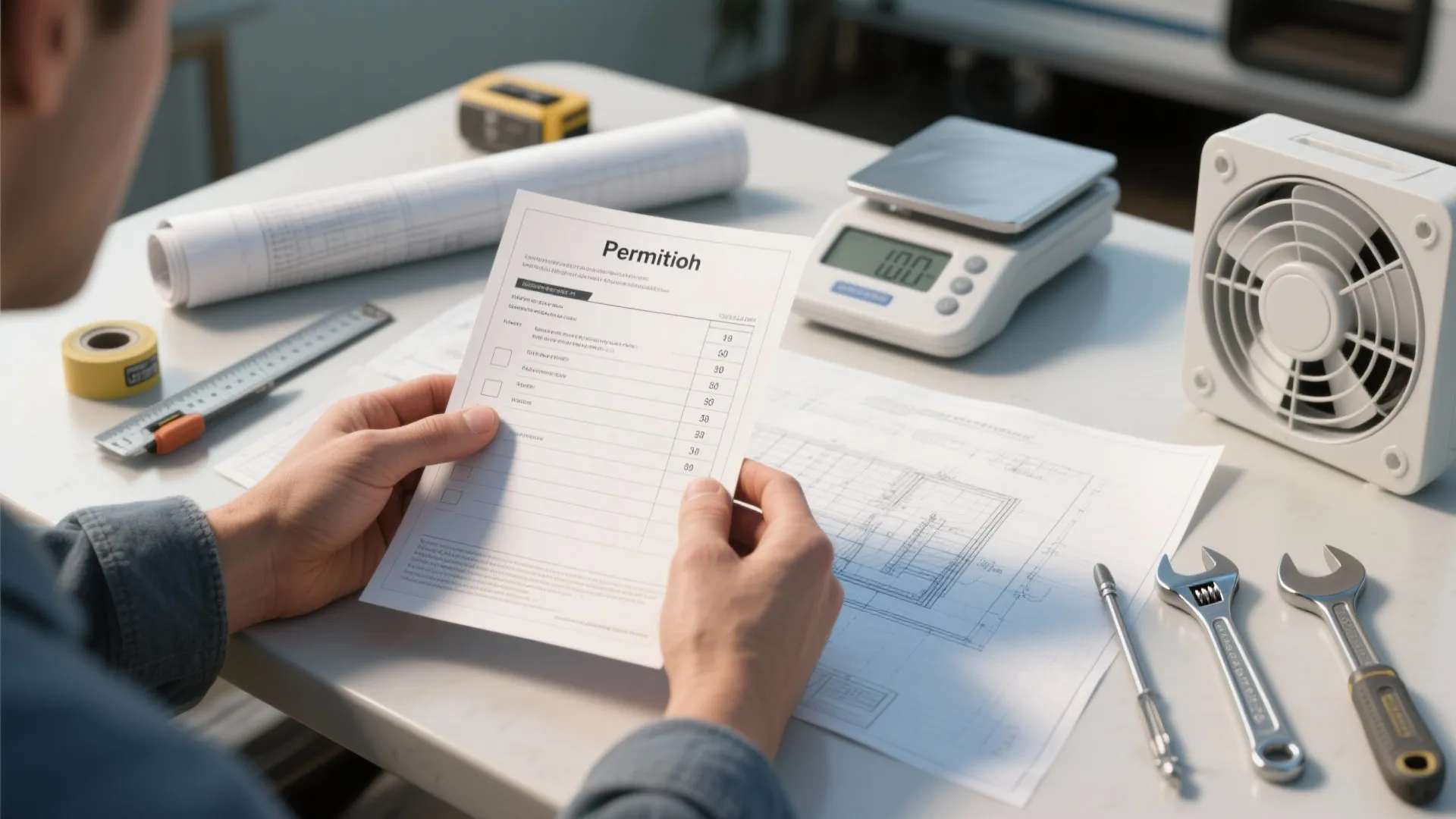 Close-up of permit checklist, blueprint roll, compact scale, and tools used for planning RV modifications, emphasizing safety and planning.