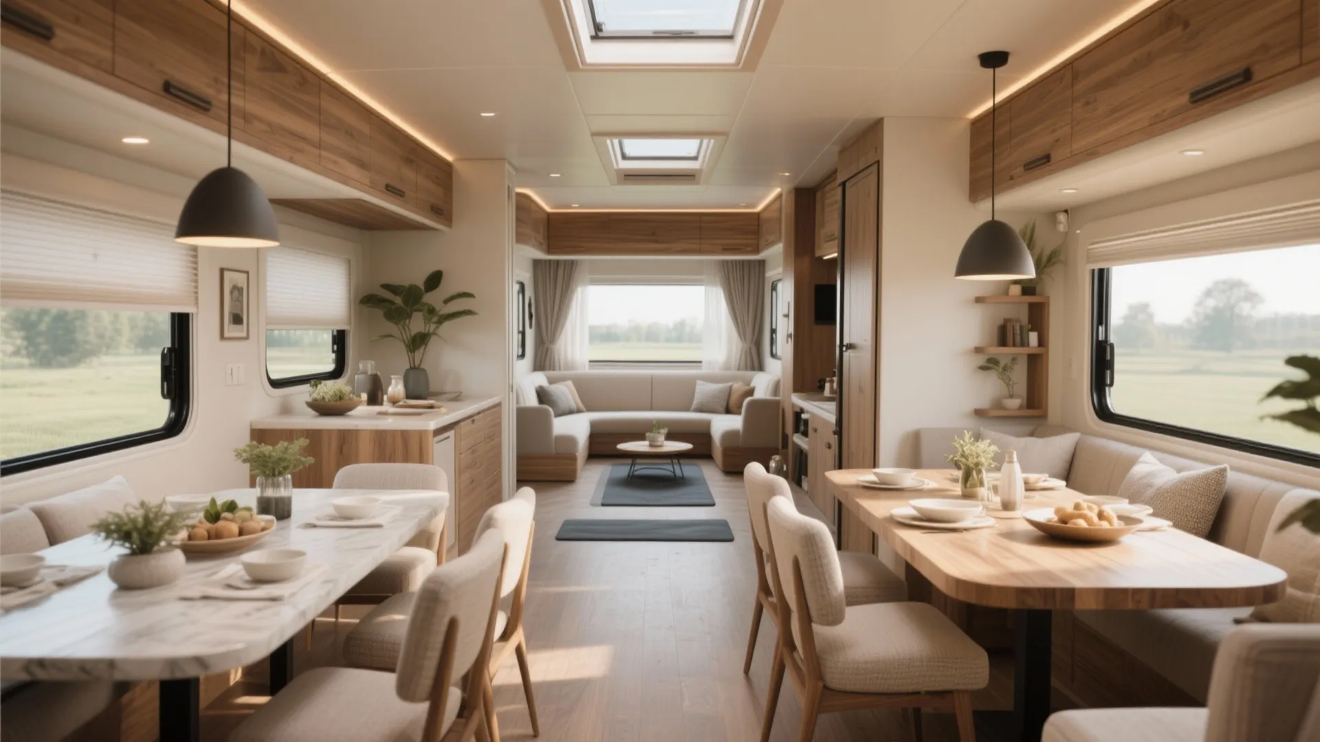 Modern motorhome interior with wooden cabinets beige sofa dining tables black ceiling lights and windows