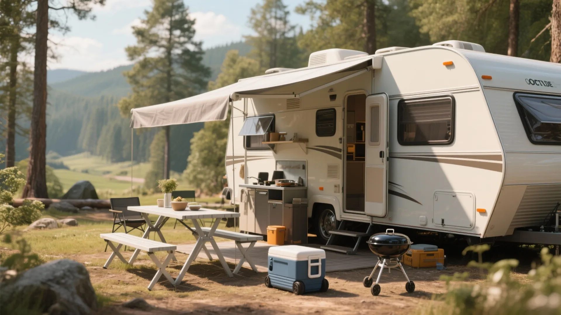 Outdoor camping area with white travel trailer plus picnic table and portable grill in nature