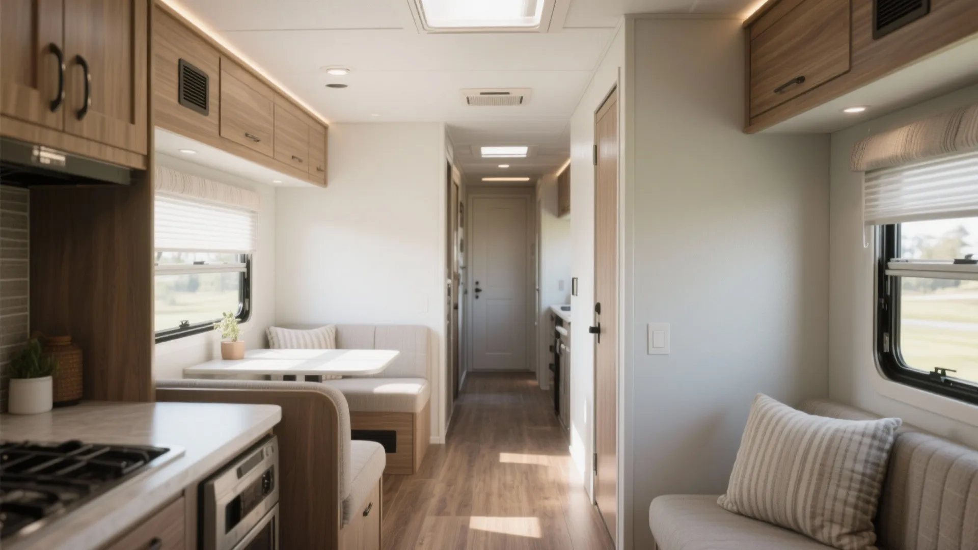 Modern caravan interior design with wooden cabinets bright living area small dining table and wood flooring