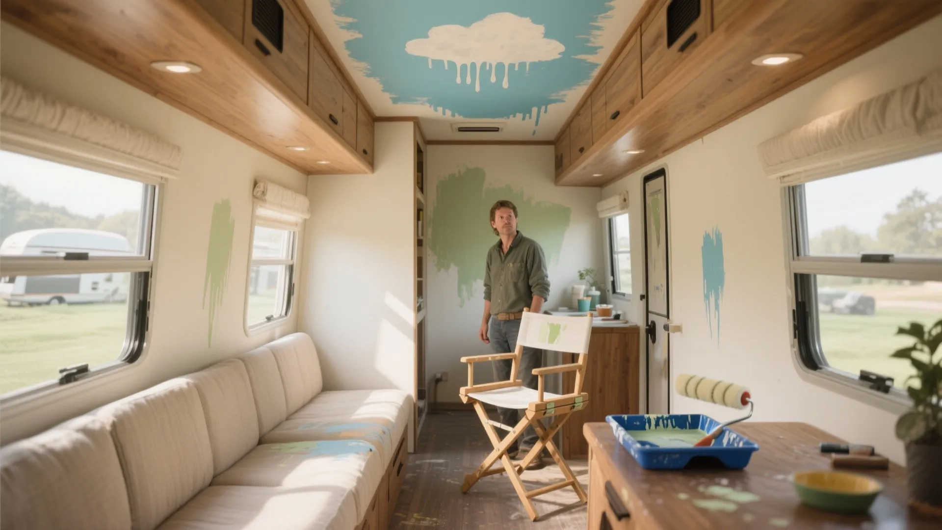 Man standing in camper van interior with blue cloud ceiling painting and green wall paint