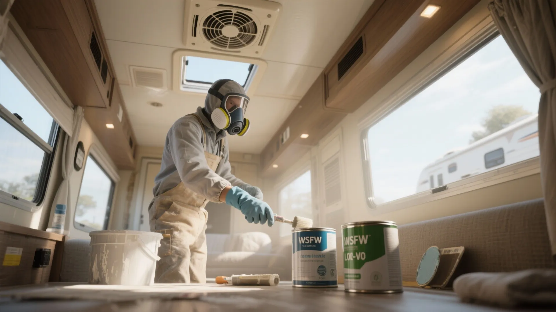 Person wearing protective mask and gloves painting inside a camper van with several paint cans