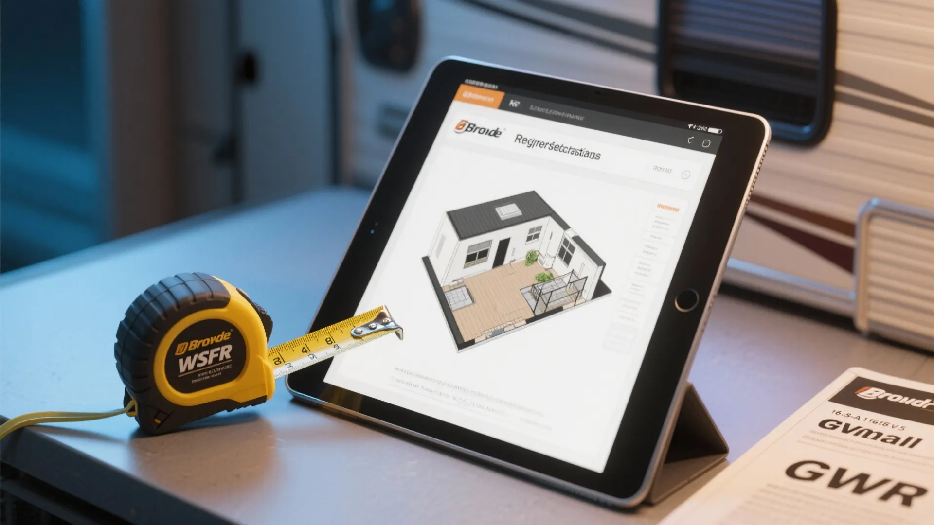 Collage of planning tools including tablet floorplan, measuring tape, and GVWR manual for RV design.