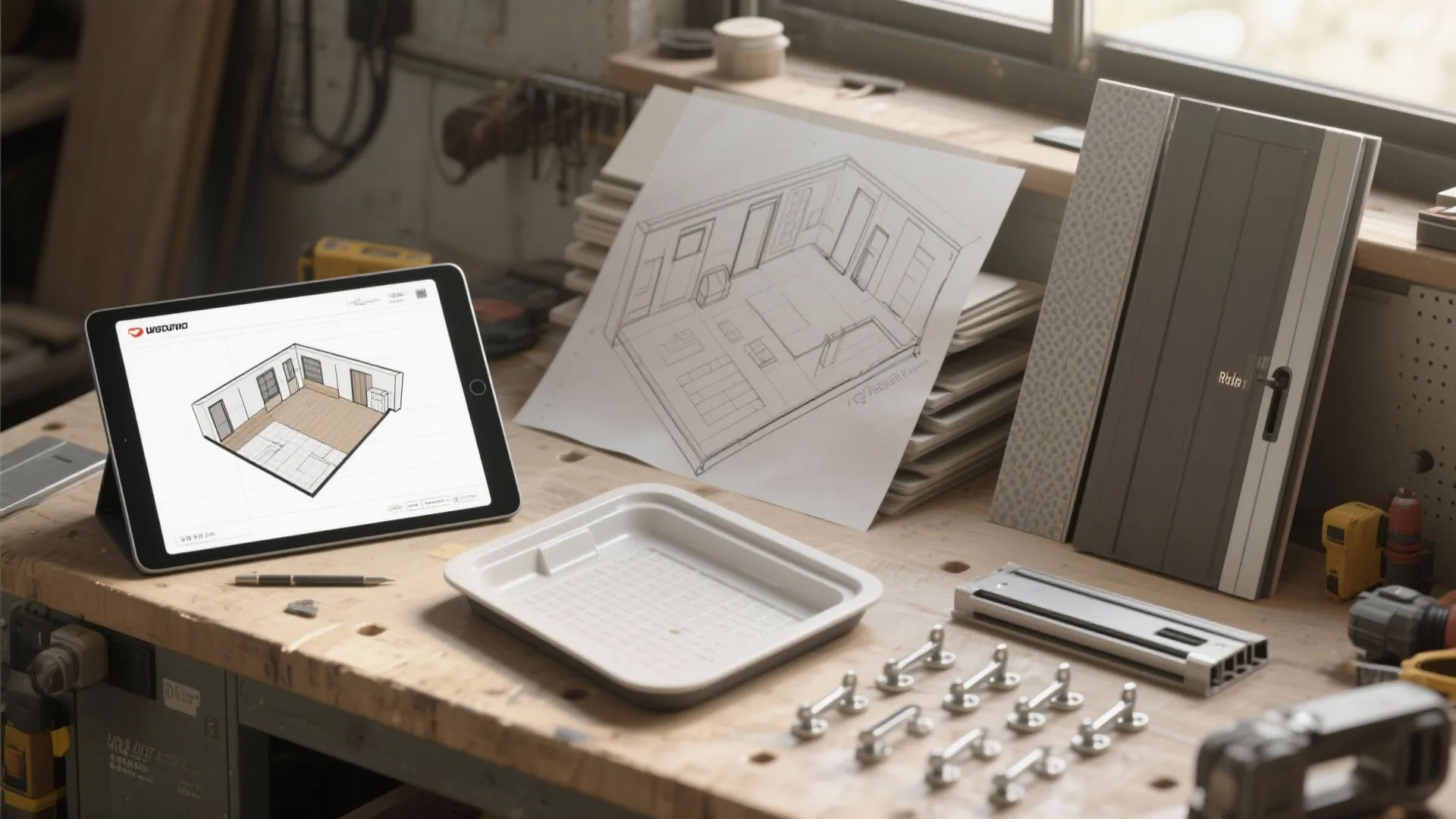 Montage of RV planning tools, 3D floor planner on tablet, sketches, and lightweight materials for trailer bathrooms.