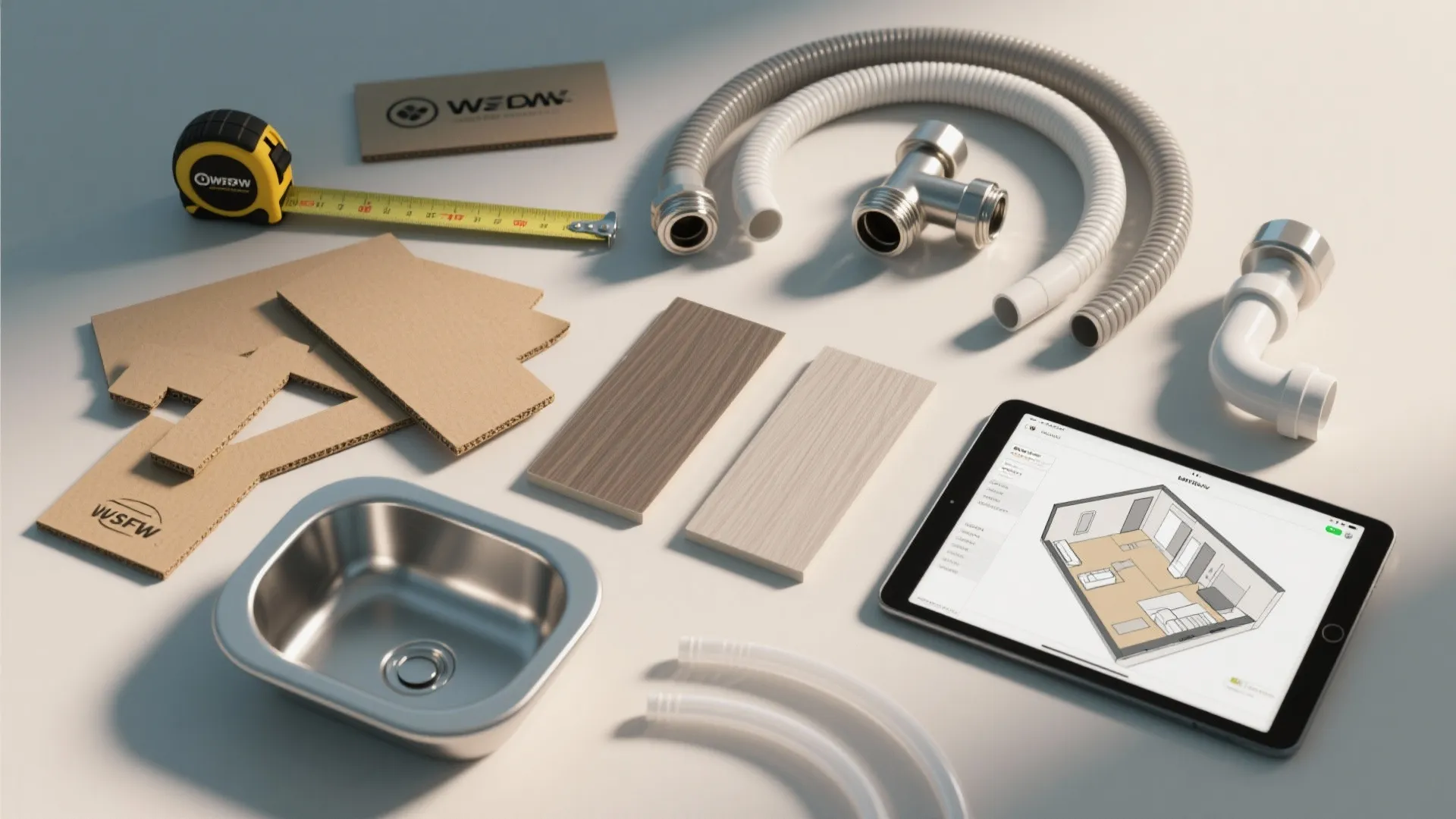 Flatlay of planning tools and marine-grade materials for budget RV bathroom builds.