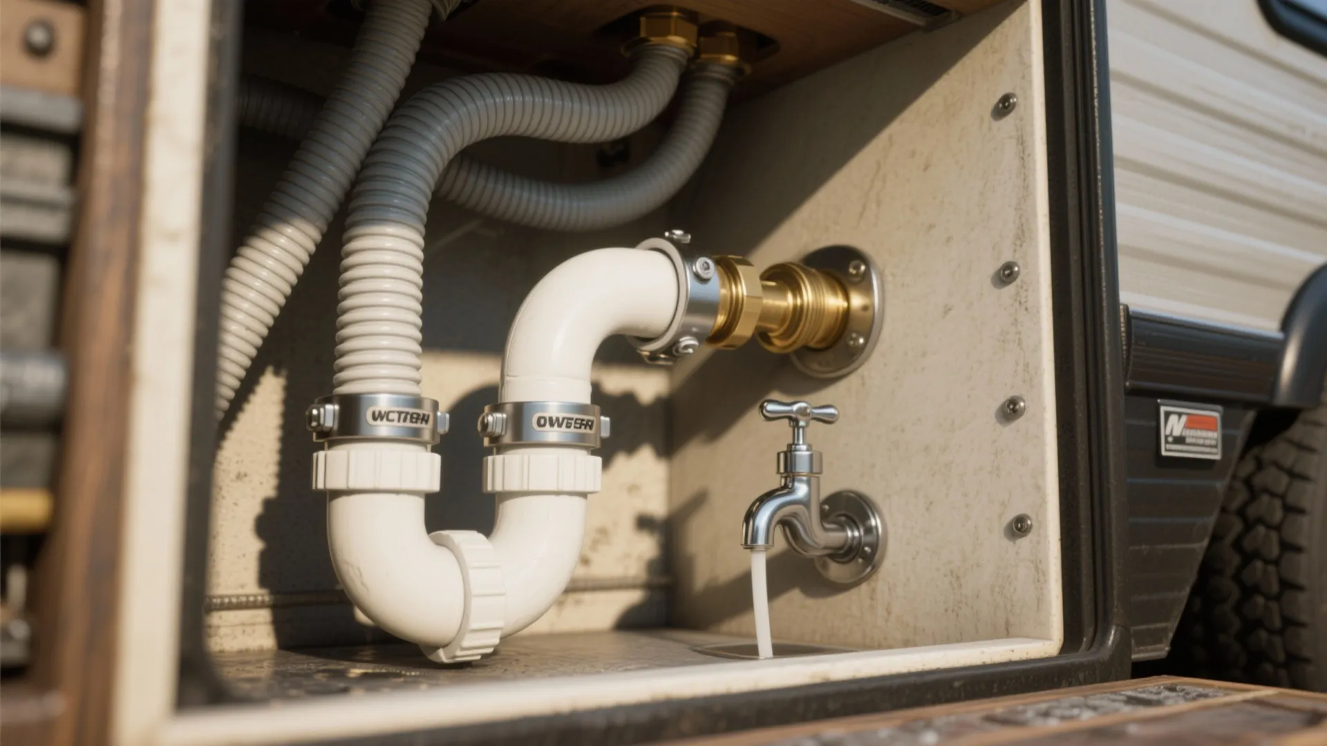 RV plumbing system showing white plastic pipes and metal faucet inside a storage compartment area outside