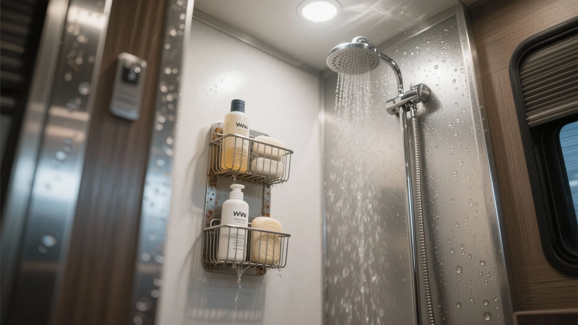 Rust-proof shower caddies in RV holding toiletries