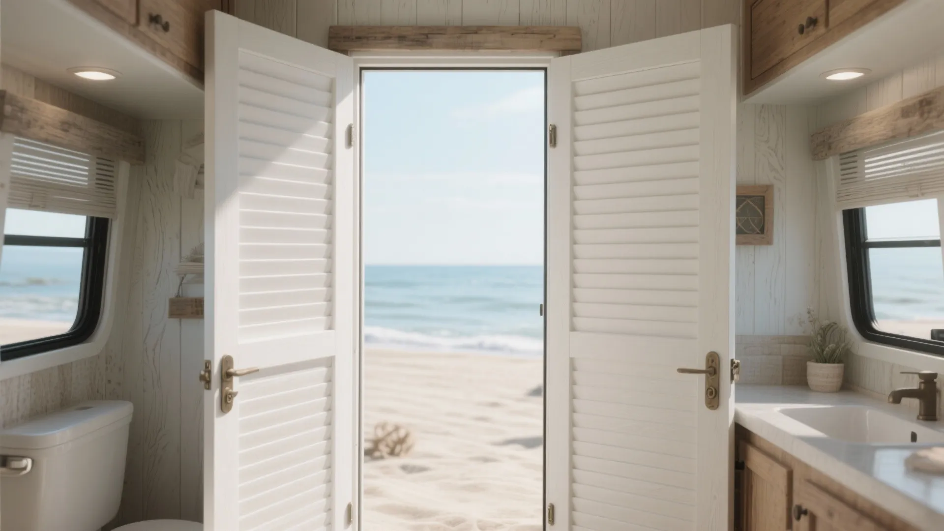 White shutter-style RV bathroom double doors in coastal style