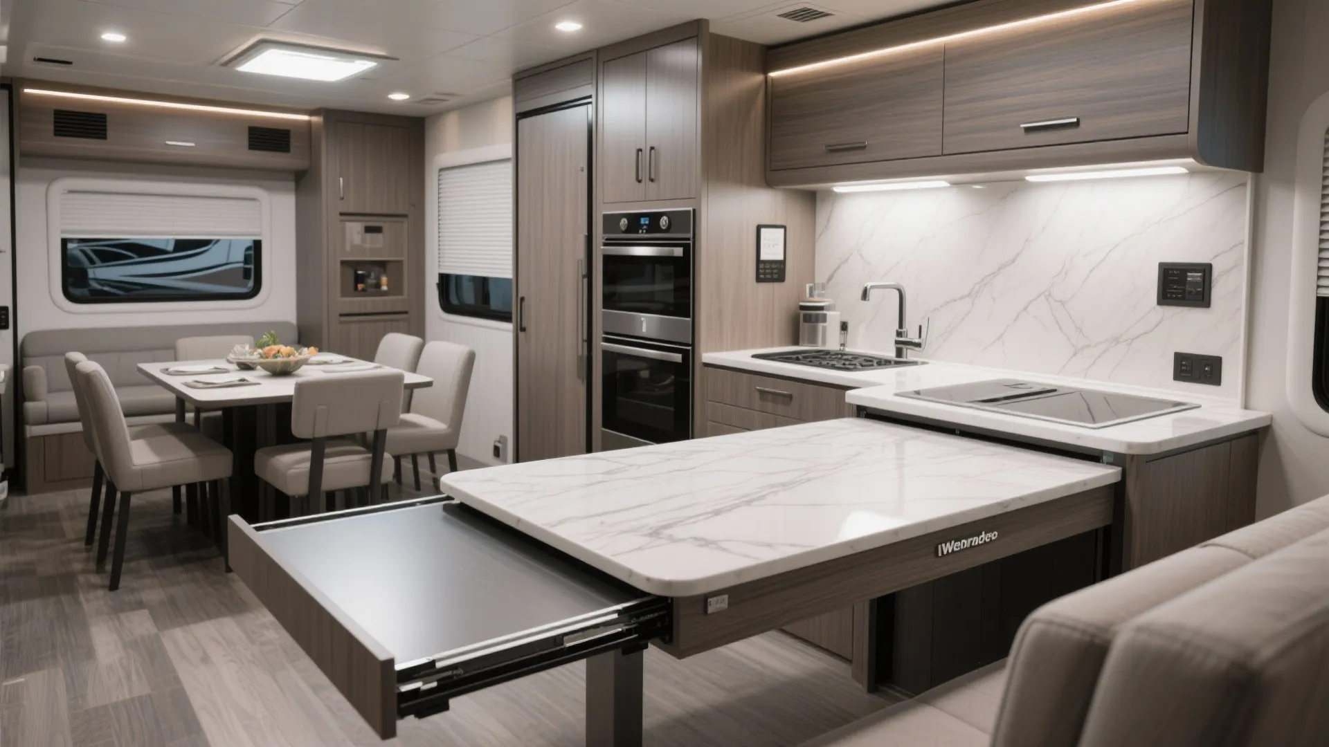 Slide-out kitchen counter extension used as dining table in RV