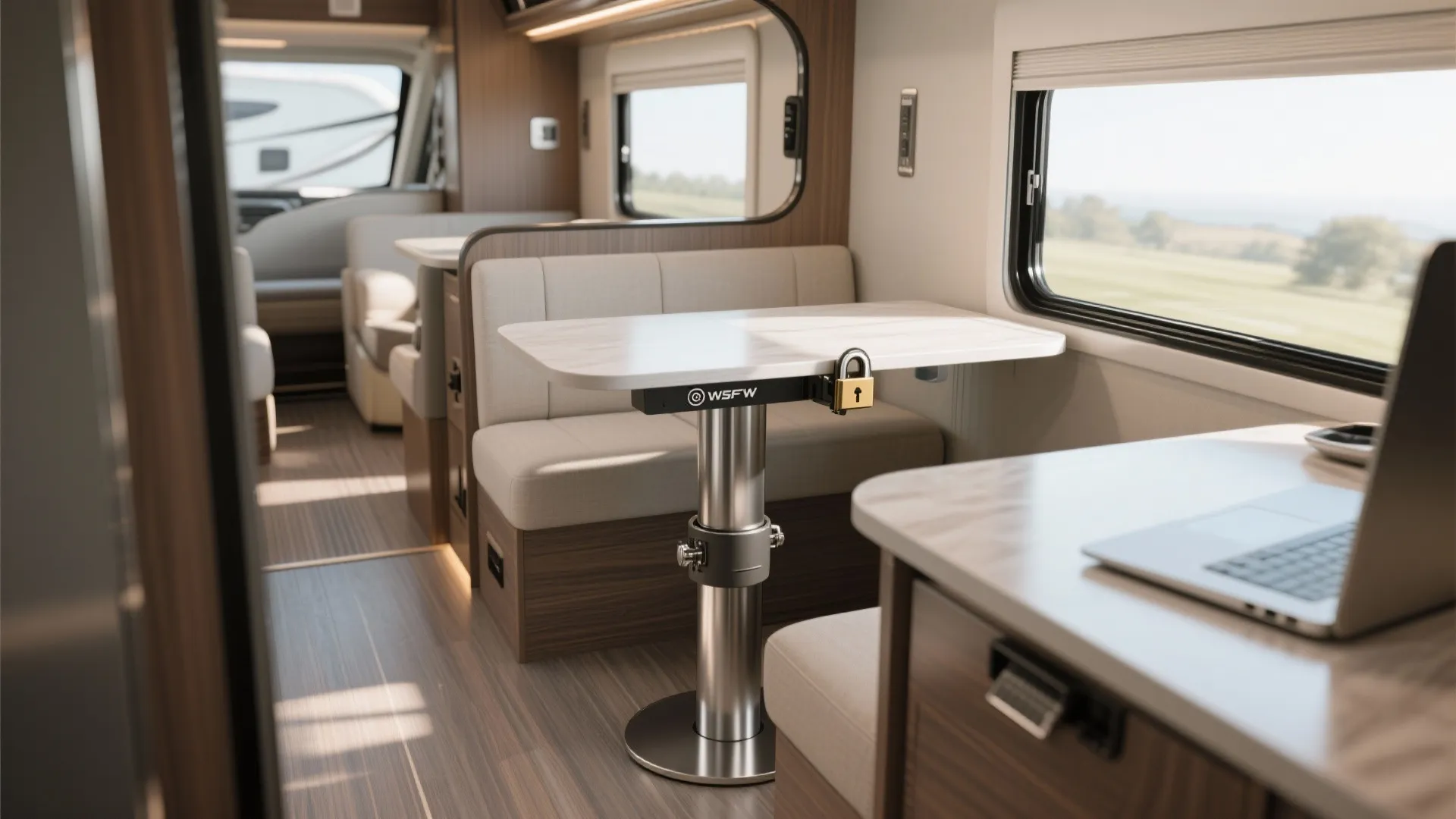 Pedestal-mounted swivel table in RV for dining and work use