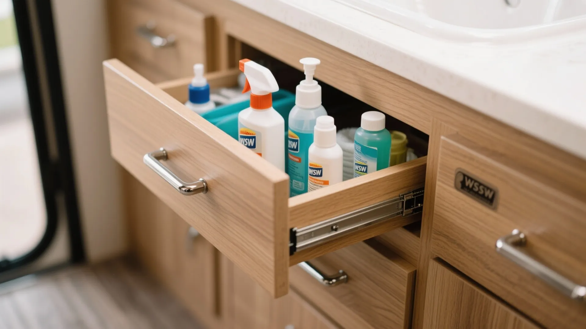 Under-sink drawers storing bathroom essentials in RV