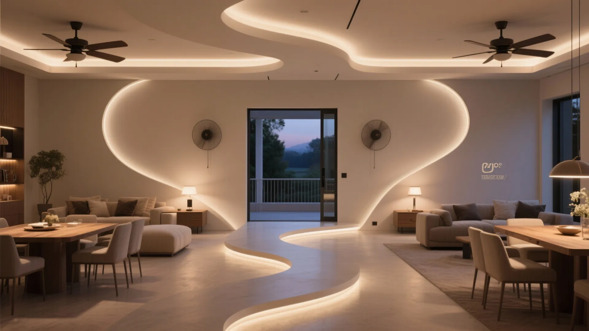 Living room interior design drawing with curved light fixtures wooden tables sofas and open balcony view