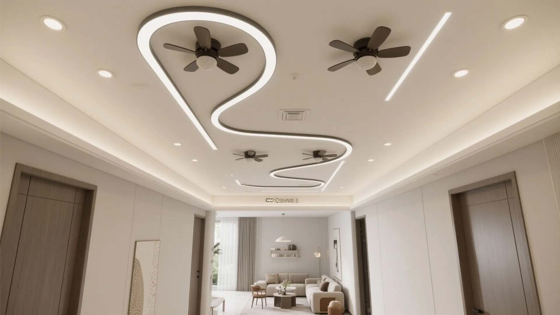 Modern white hallway with curved ceiling light strips and black ceiling fans leading to living room