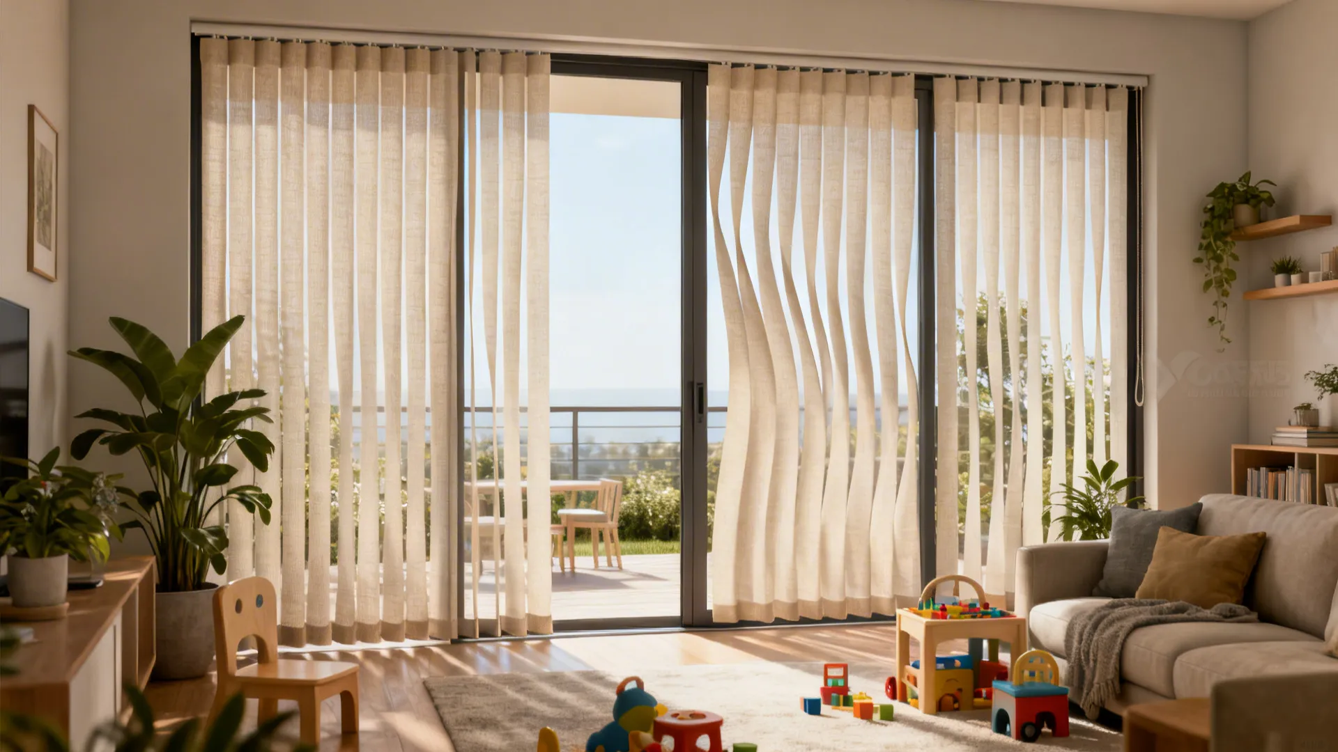 Family living room with S-fold vertical sheers on sliding doors providing soft light diffusion and safe operation.