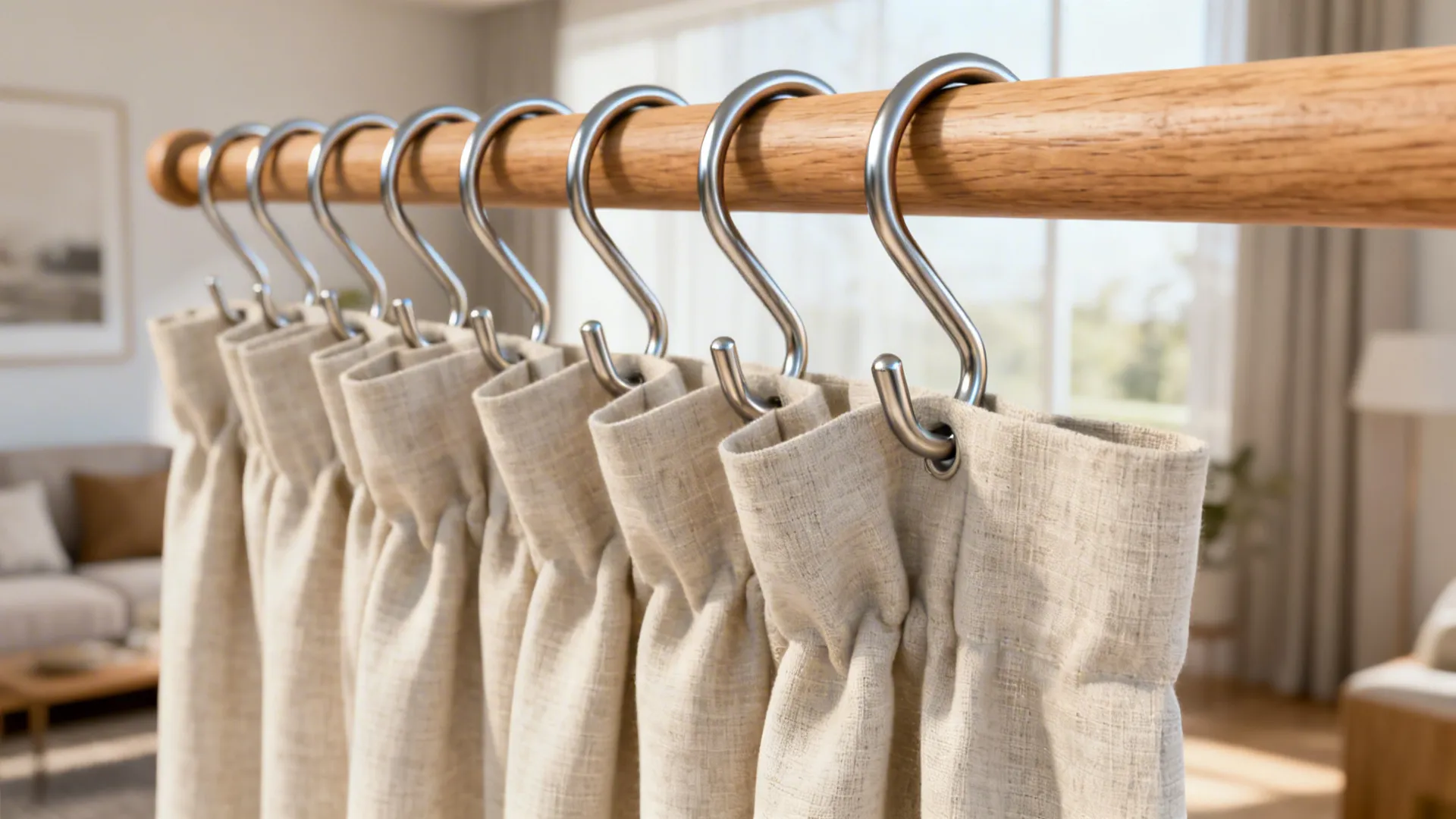 Close-up of S-hooks holding a linen curtain on a wooden rod for easy movement.