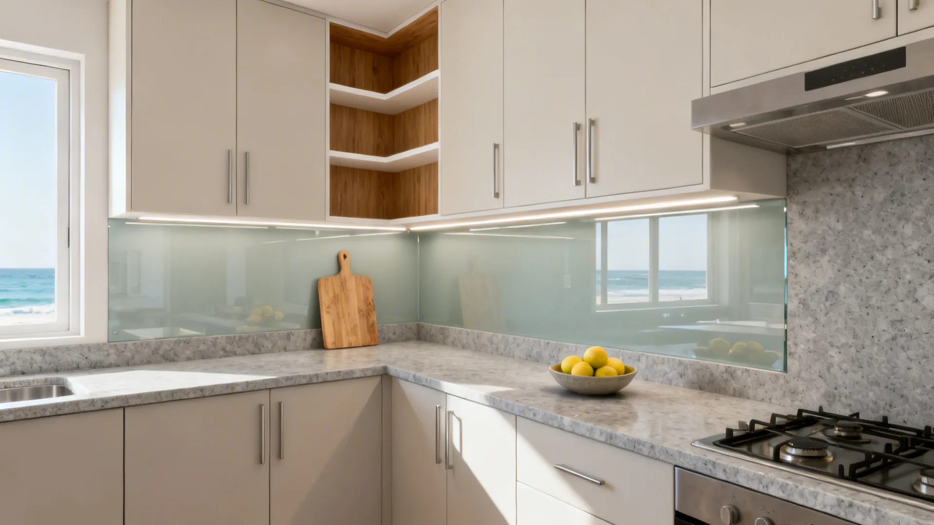 Modern kitchen with beige cabinets stone countertop wooden corner shelves and window with ocean view