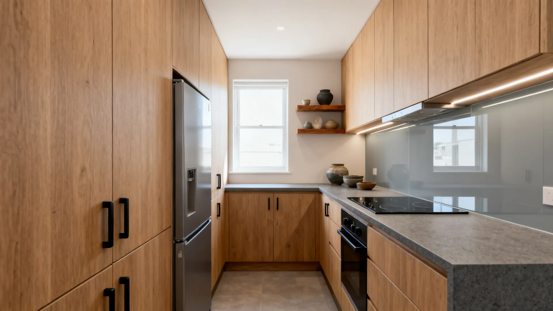 Small modern kitchen with wooden cabinets gray countertops silver fridge and a window at end