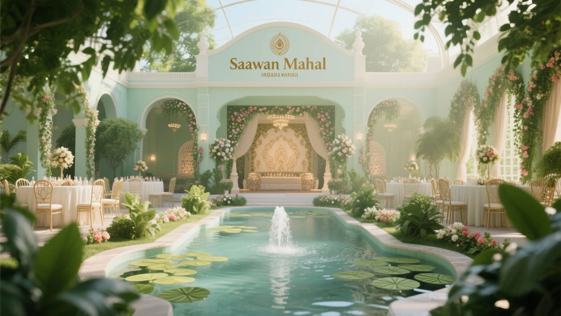 Banquet hall with lush greenery and water-inspired décor