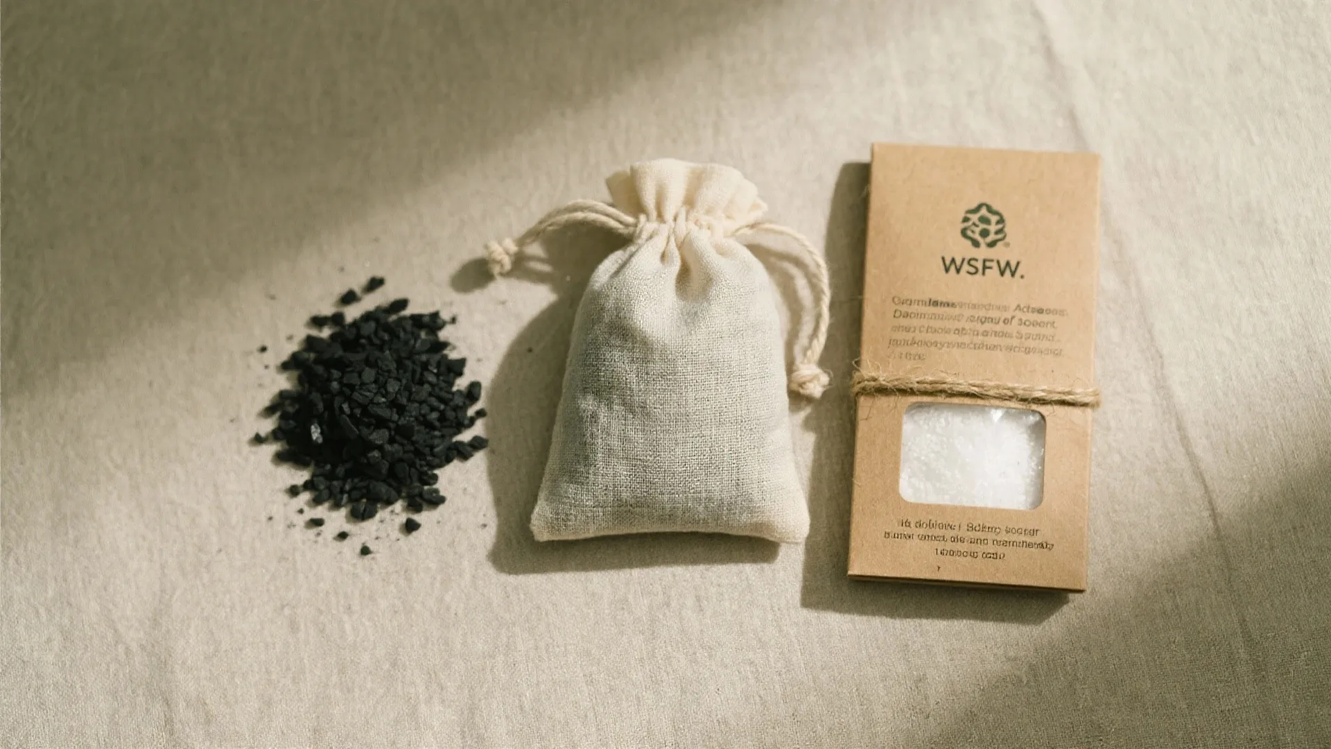 Black charcoal pieces next to a small cloth bag and a cardboard package on fabric