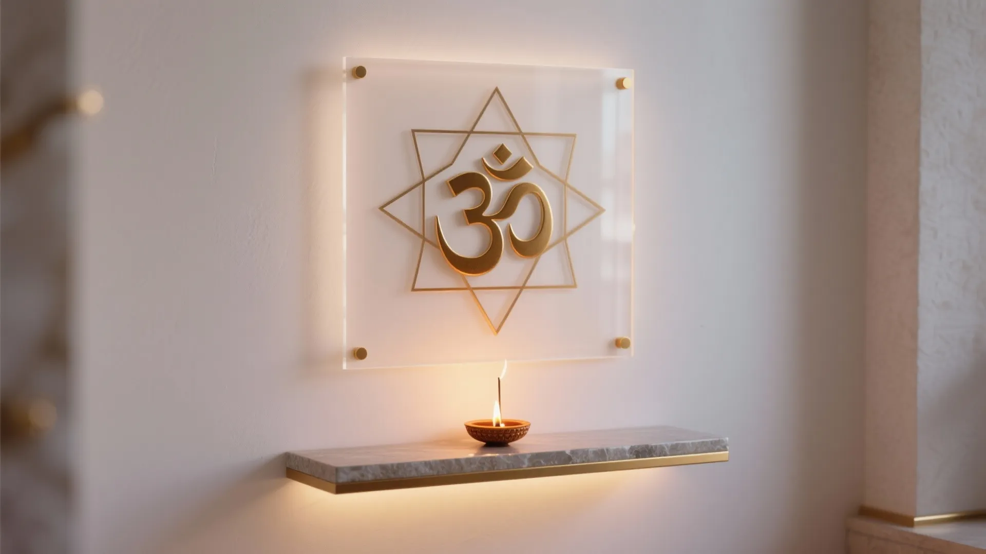 Modern prayer room wall with golden symbol on glass panel and small oil lamp on marble