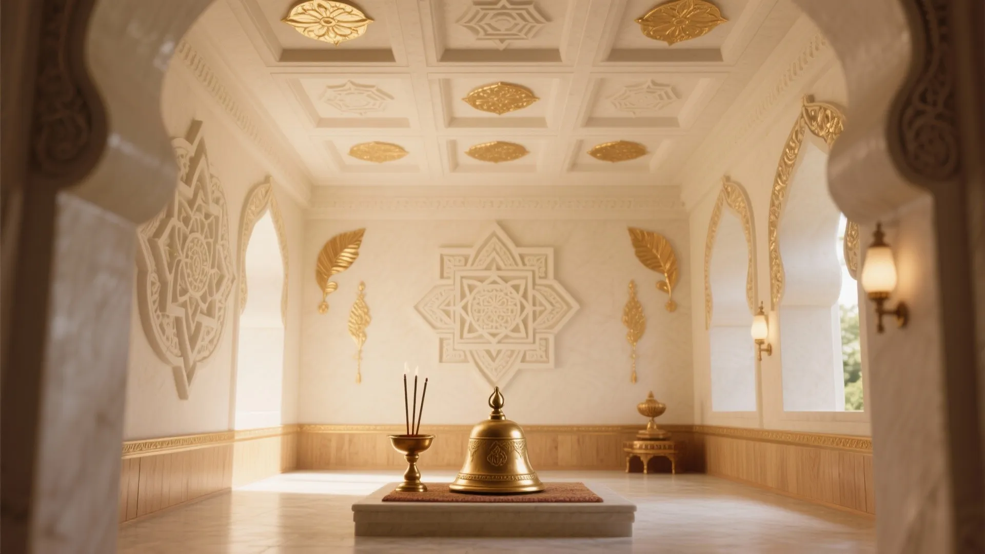 Serene white prayer space with a golden bell on a stone platform and wall lights
