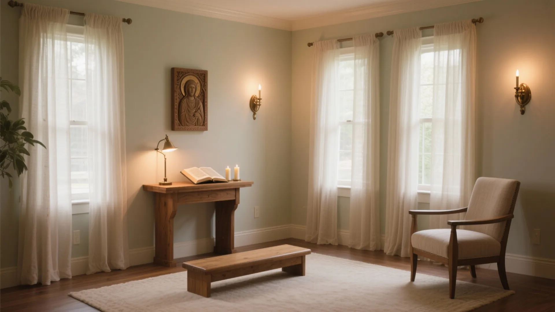Minimalist room with wooden table wall light white curtains comfortable armchair and a low bench