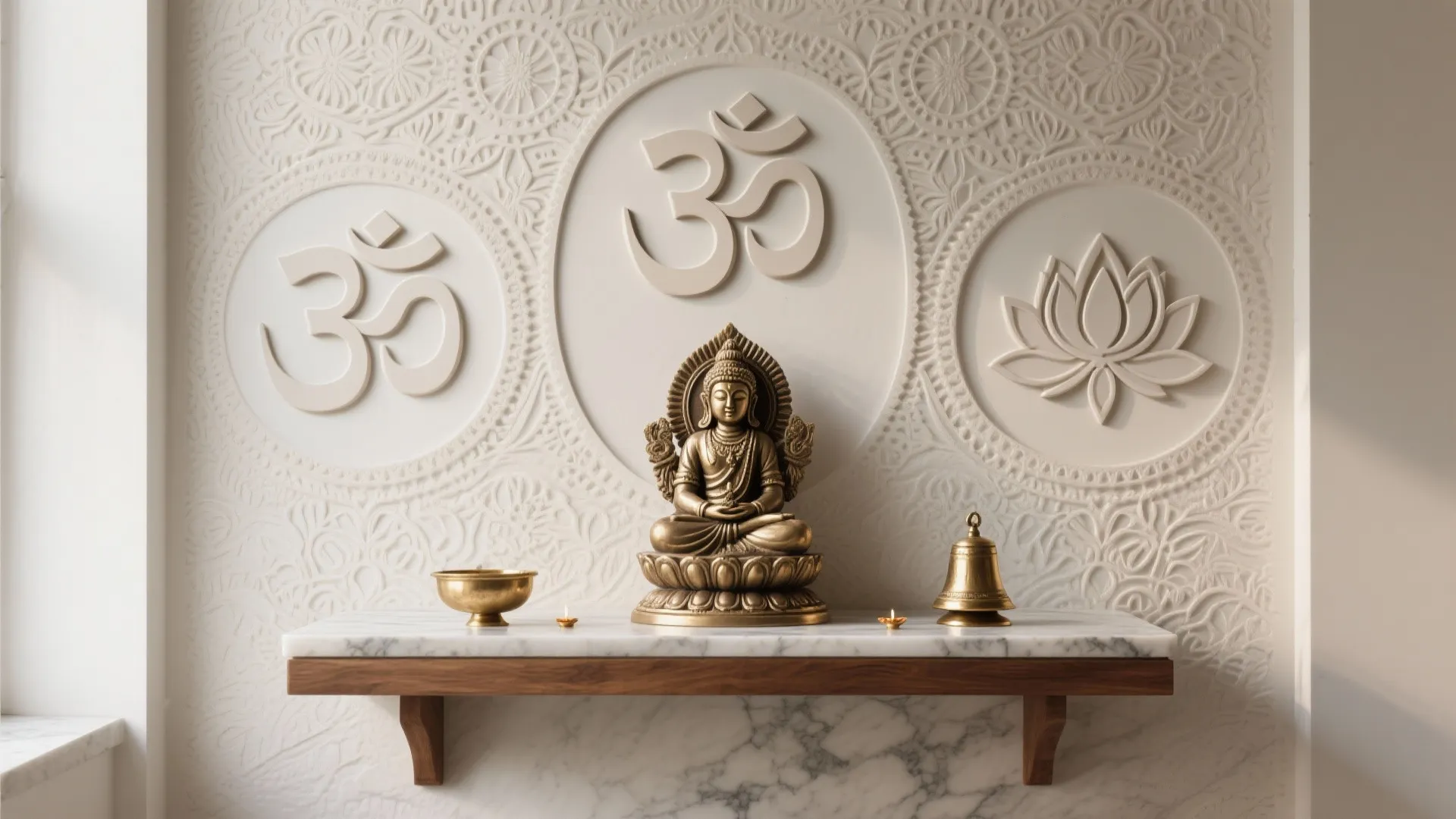 Gold Buddha statue on marble shelf with brass bell and wall carvings of sacred symbols