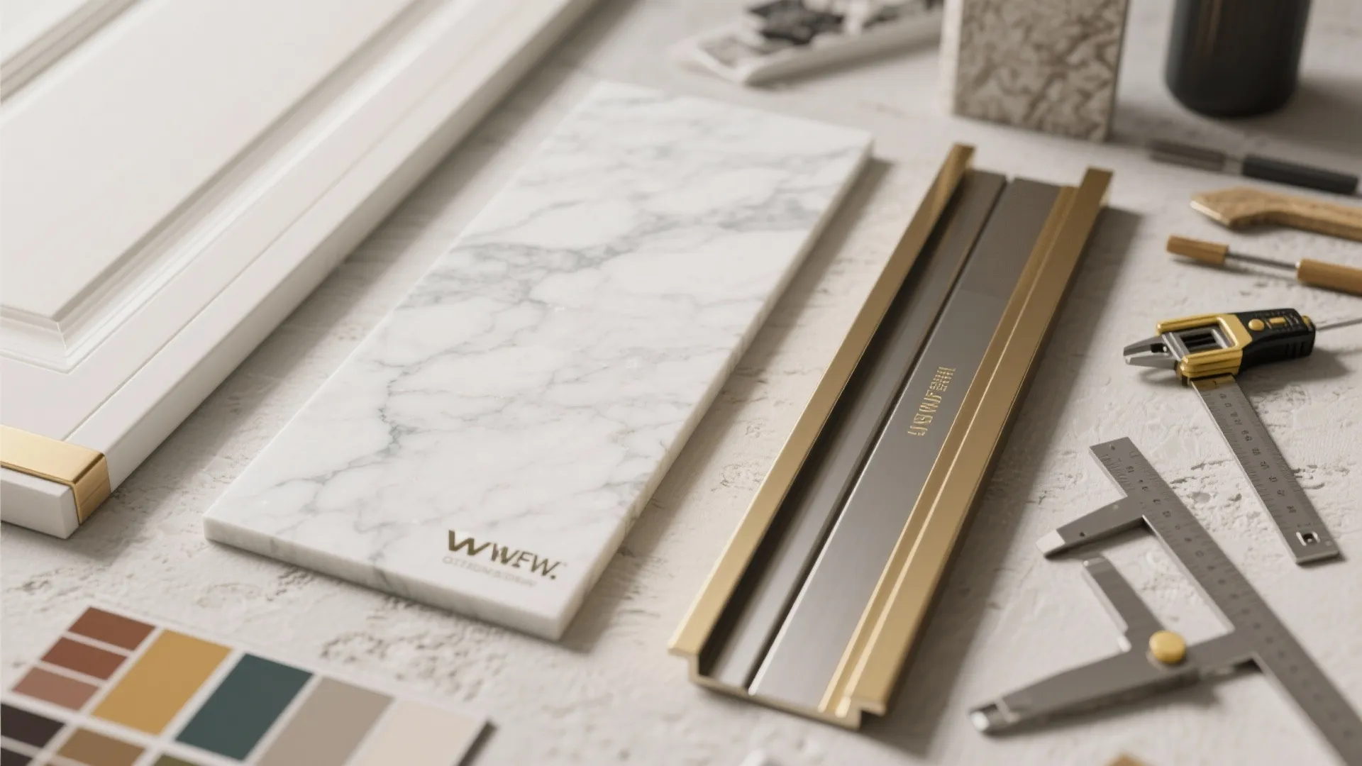 Flat lay of white marble tile gold metal trim color swatches and professional measuring tools
