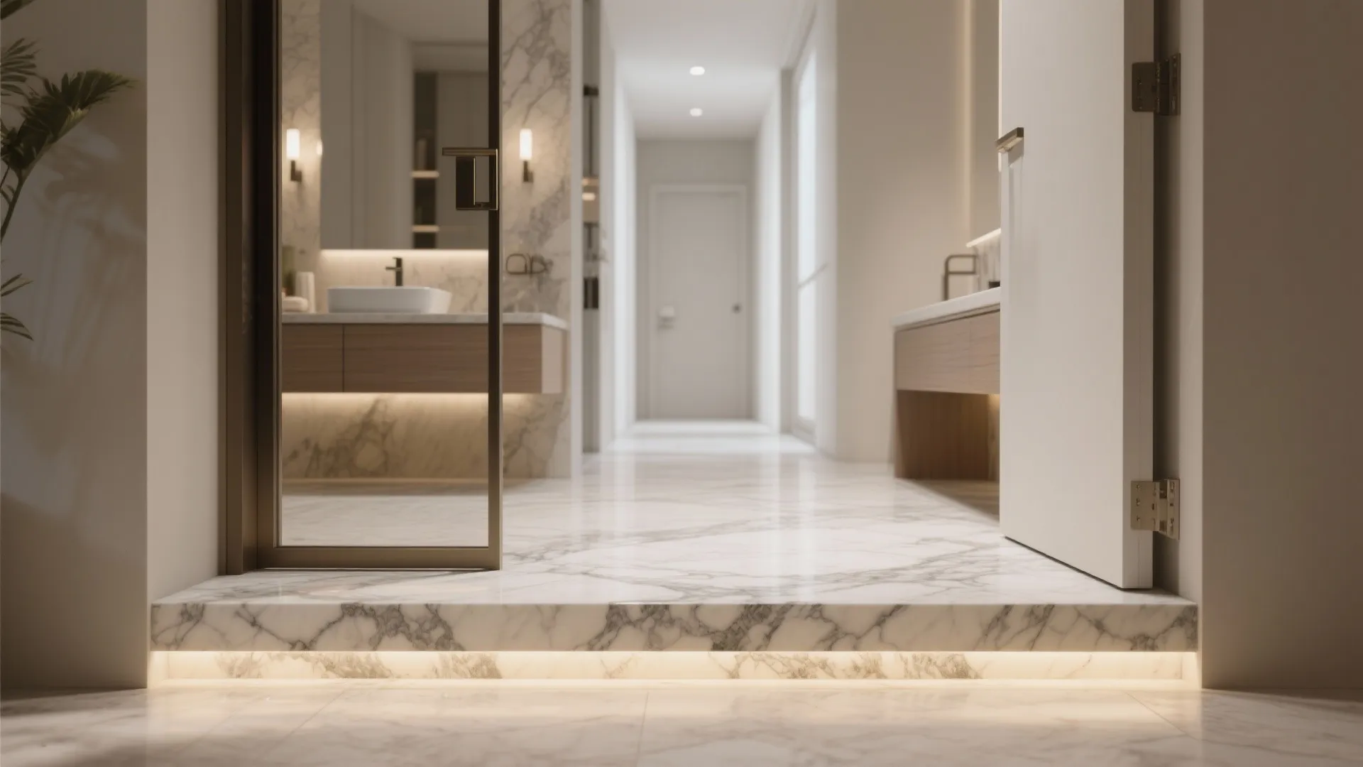 Modern marble hallway leading to a bathroom with wood cabinets and a glass shower door