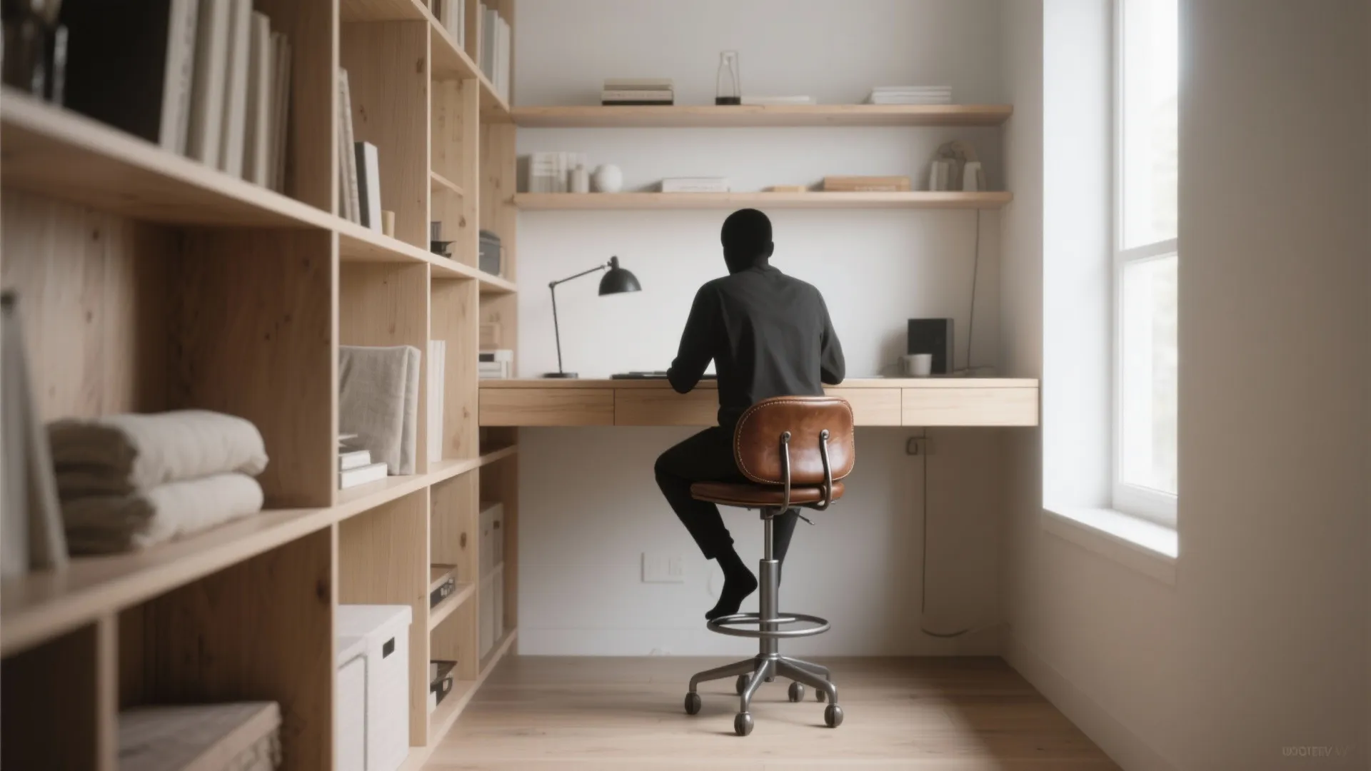 Modern home office with a person sitting on a brown leather stool at a wooden desk