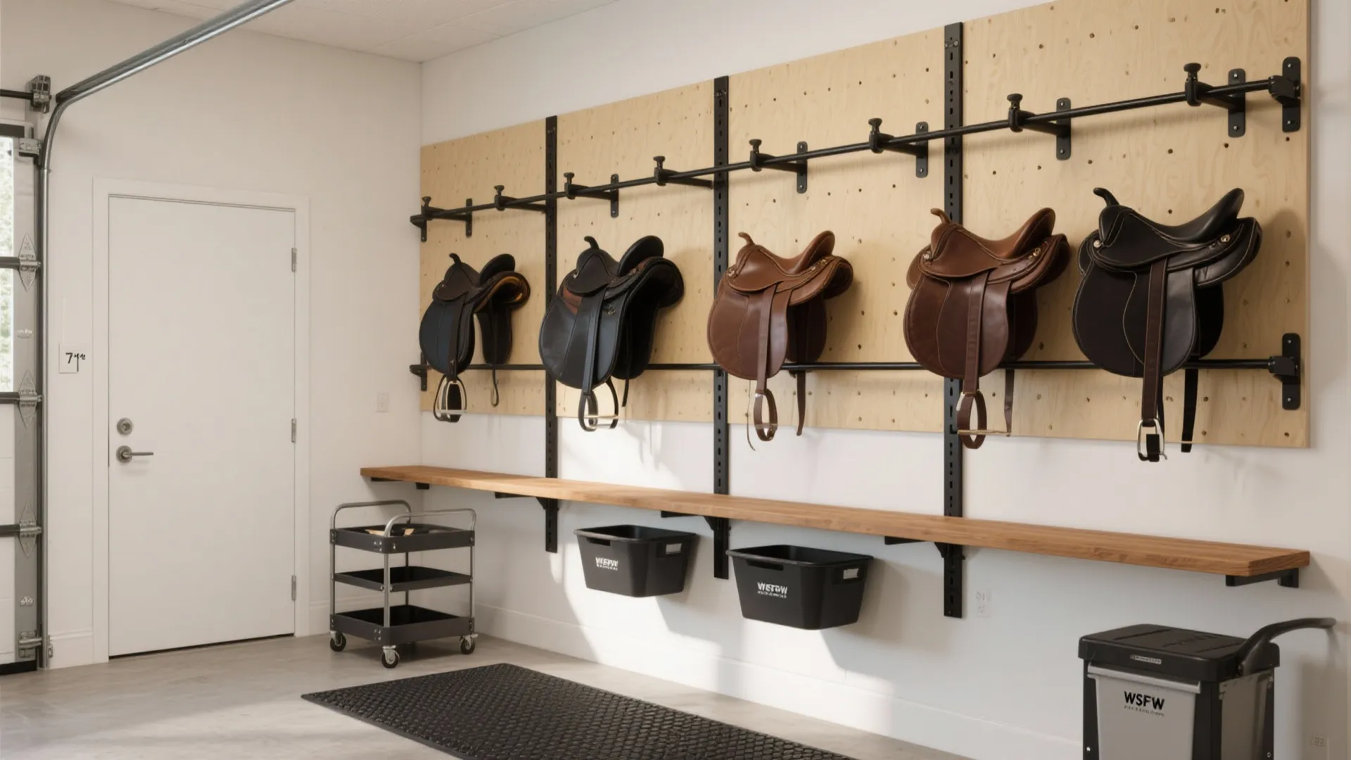 Vertical saddle wall in a small tack room with adjustable rail arms freeing floor space for bins and a cart.
