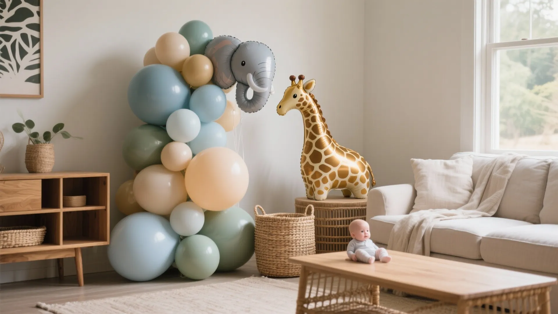 Elephant and giraffe animal balloons with blue and cream balloon decorations in a living room