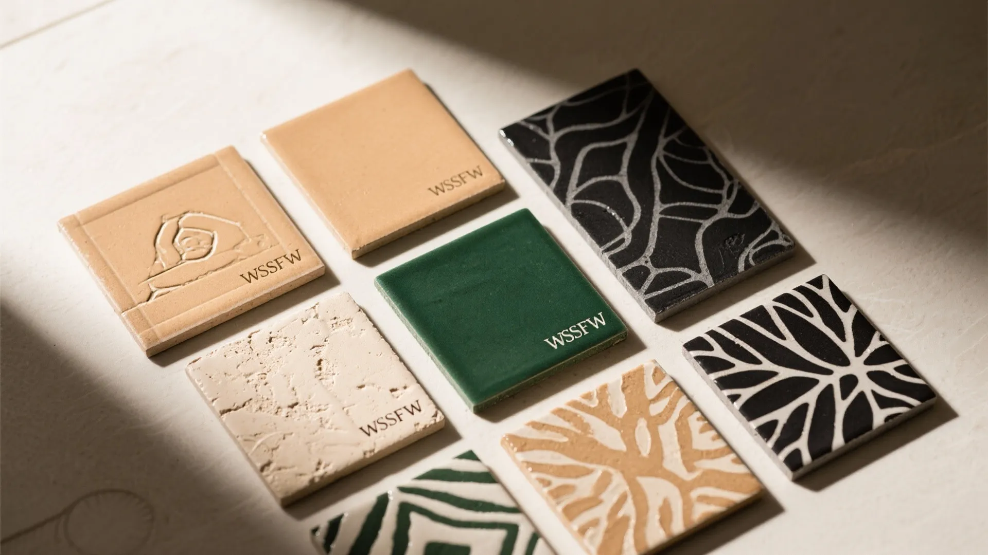 Flat lay of safari-colored bathroom tile samples