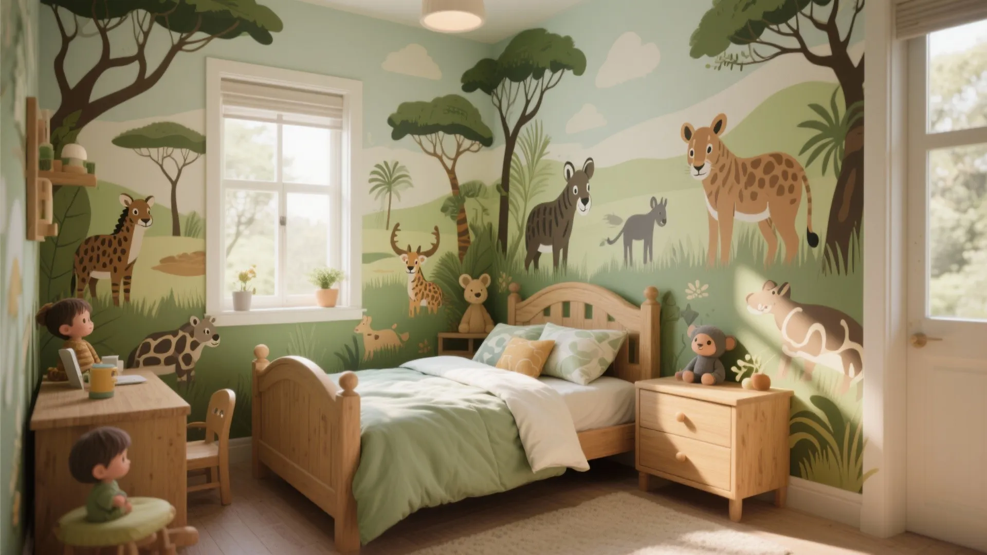 Children's room featuring a safari-themed mural with playful animal illustrations