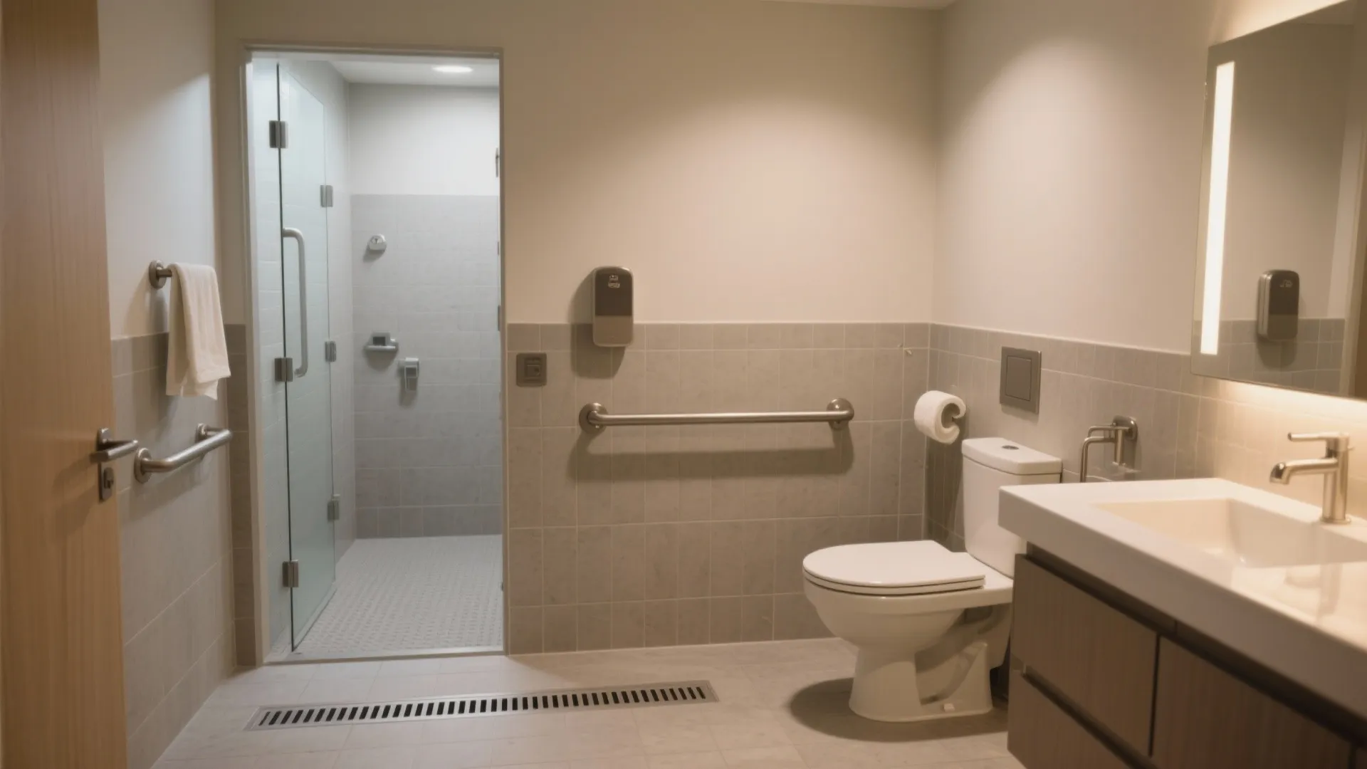 Barrier-free small bathroom with non slip tiles, grab bars, warm lighting, and a curbless entry.