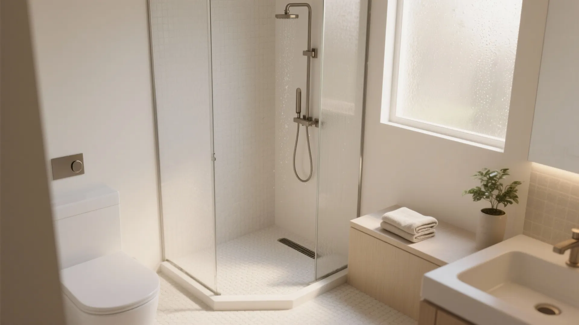 Modern bathroom with glass shower white toilet sink cabinet green plant and large bright window