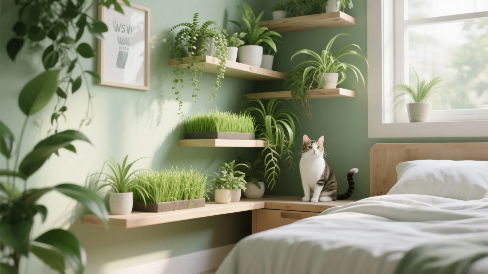 Cat-friendly plants arranged on shelves in bedroom corner