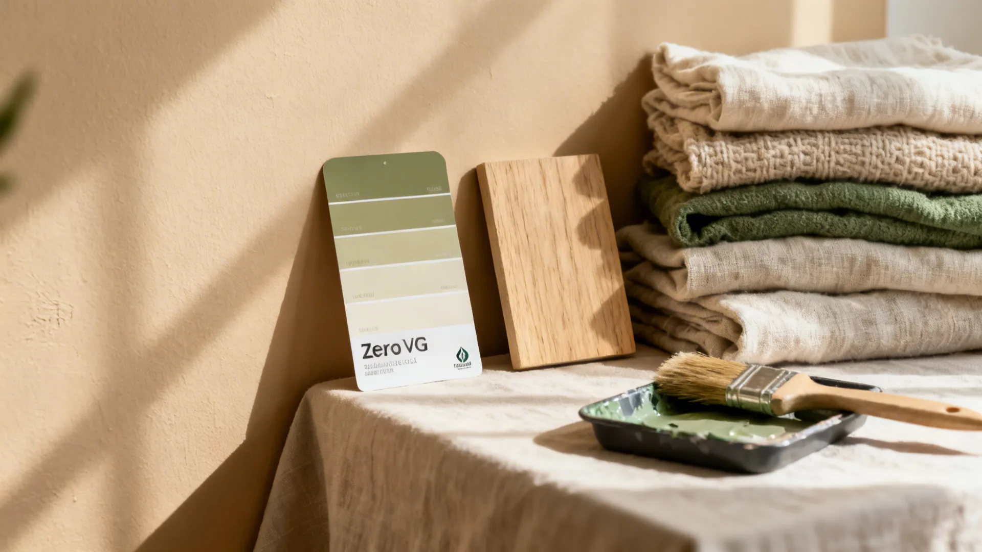 Macro textures of zero-VOC clay beige paint and natural cotton-linen fabrics in soothing neutrals.