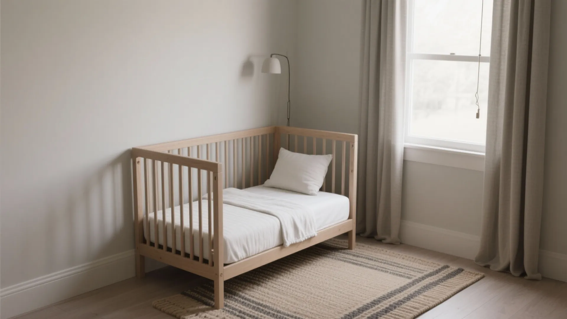 Simple wooden baby bed placed on a rug near a window with long grey curtains