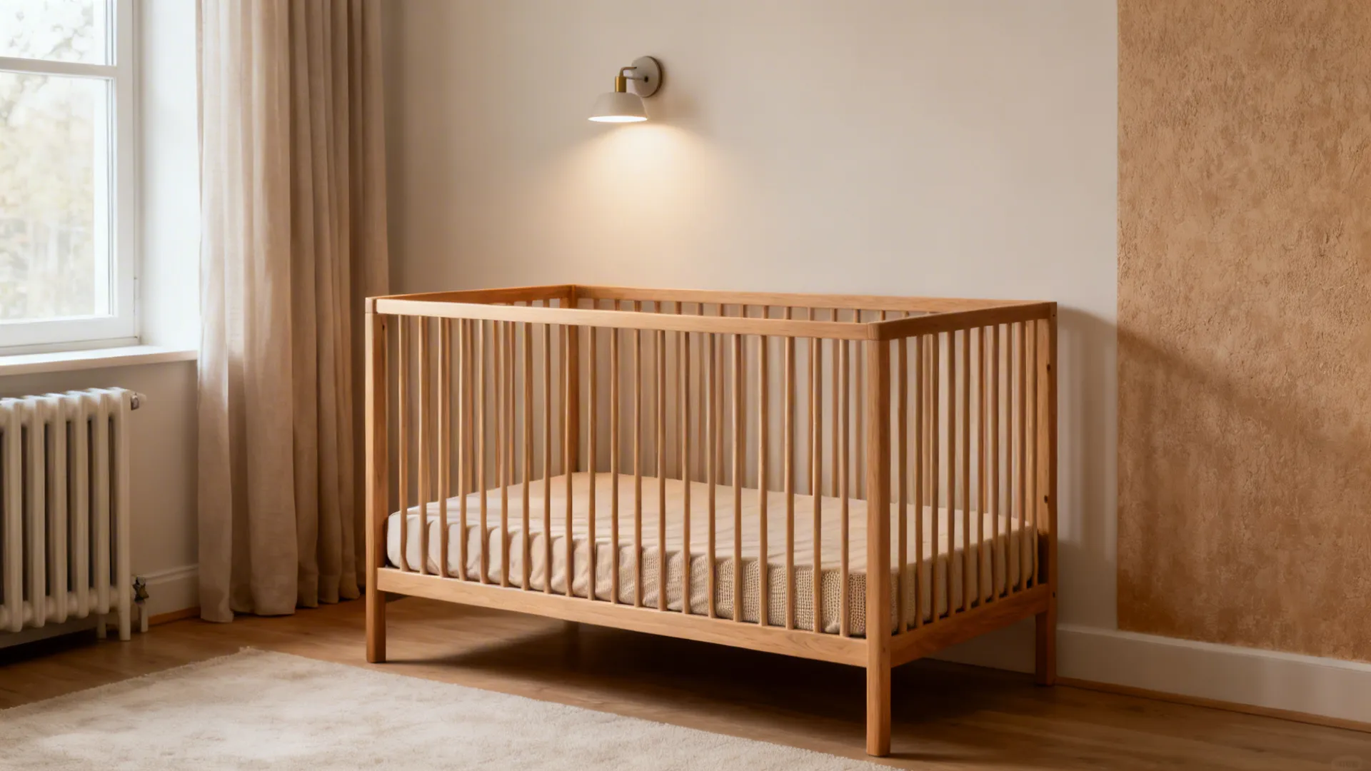 Minimalist crib area with clear perimeter, breathable mattress, and glare-free wall light in soft daylight.