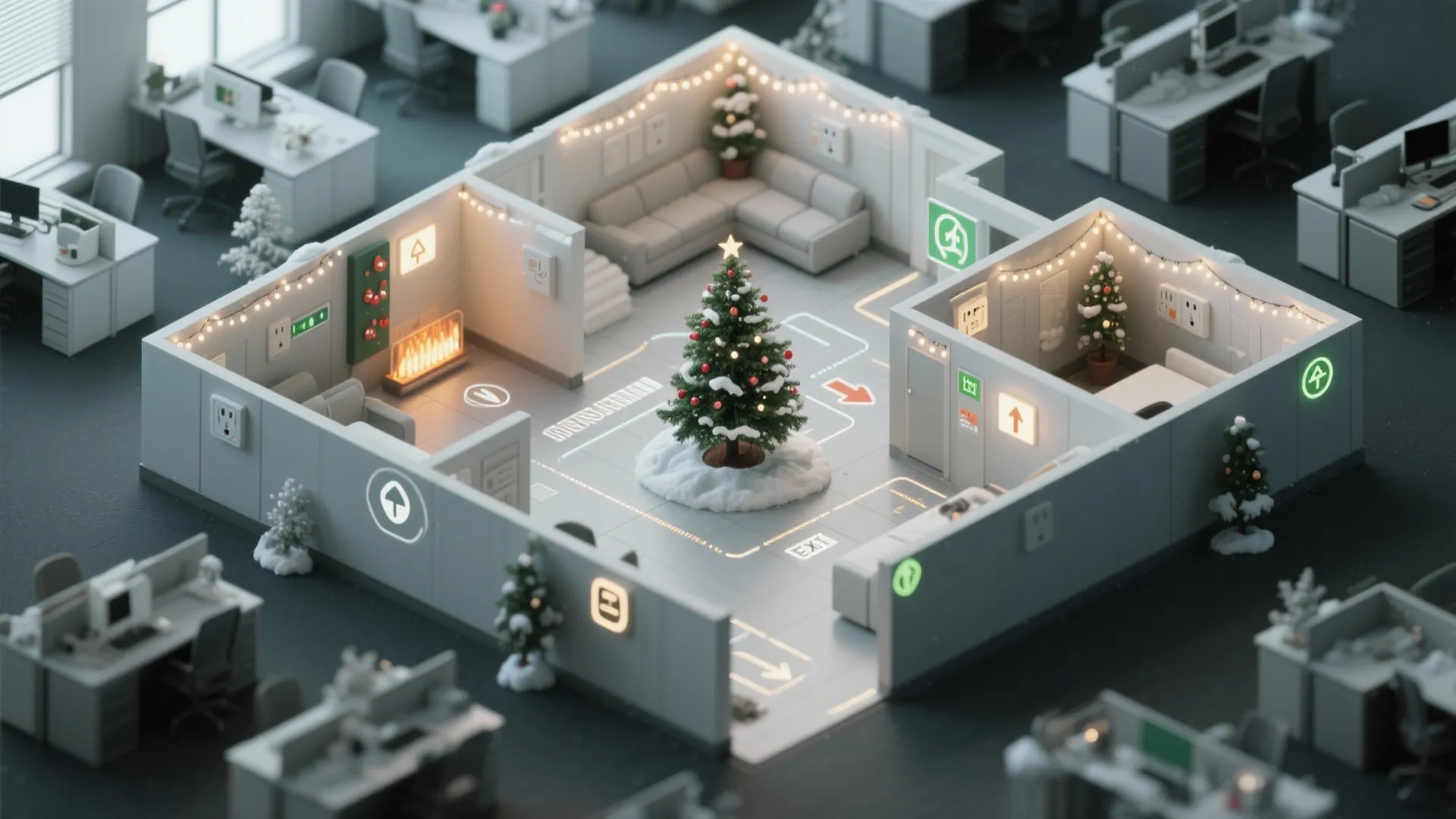 Interior design drawing showing a 3D office room layout with christmas trees and string lights