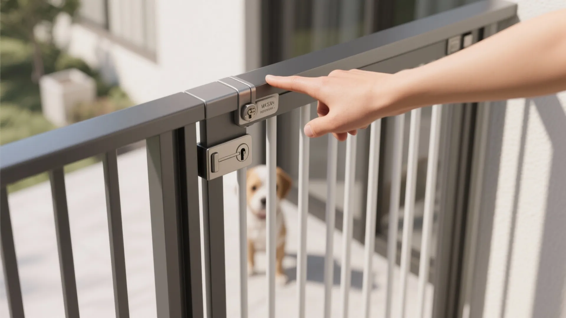 Close up of a hand pointing at a metal safety gate lock with small dog