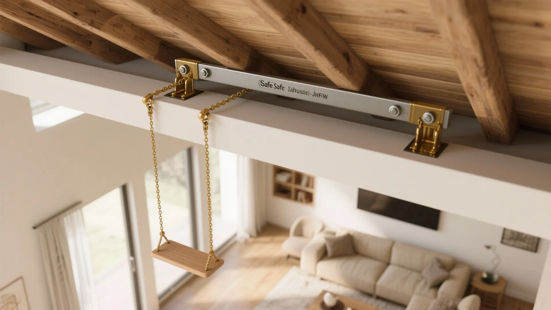 Metal support bar for indoor swing attached to white ceiling beam with gold chain connectors